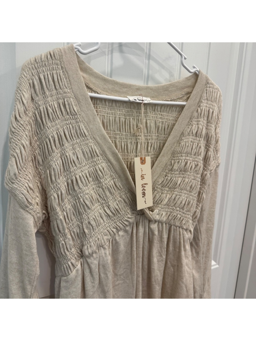 New In Bloom Beige Long Sleeve Smocked Top- Small